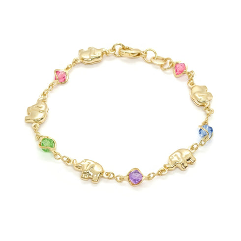 Gold 14K gold-filled bracelet with elephant charms and colorful birthstone crystals in pink, green, purple, and blue on a delicate chain.