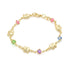 Gold 14K gold-filled bracelet with elephant charms and colorful birthstone crystals in pink, green, purple, and blue on a delicate chain.