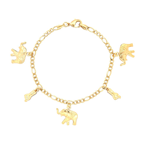 14k gold-filled bracelet with four dangling elephant and Figa hand charms, displayed on a white background as protective charms.