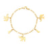 14k gold-filled bracelet with four dangling elephant and Figa hand charms, displayed on a white background as protective charms.