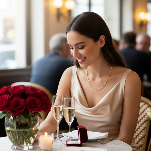 A woman in an elegant dress smiles at a table with roses, champagne, and a 14k gold filled Mariner link necklace in a jewelry box.
