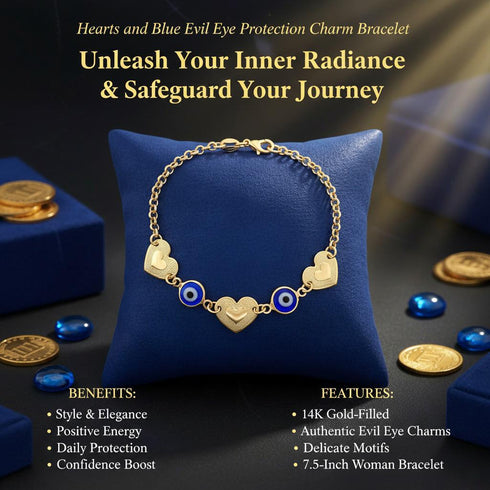 A 14k gold-filled bracelet with heart and blue evil eye charms offers style and protection, displayed among gold coins as a good luck charm.
