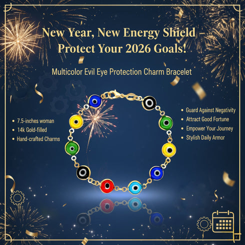 Multicolor Evil Eye Bracelet with 14k gold-filled accents, surrounded by fireworks and text highlighting its protective, empowering qualities.