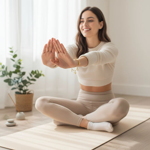 Woman in beige activewear sits cross-legged on a yoga mat, smiling and wearing a 14k gold-filled bracelet with protective charms.