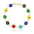 14k gold-filled evil eye bracelet with colorful charms in yellow, green, blue, red, and black, linked by a lobster clasp for good luck.