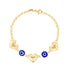 Gold bracelet with heart and evil eye charms on a white background