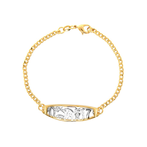 14k gold-filled lucky charm bracelet with a silver plate engraved with animals, this Cuban link bracelet is shown on a white background.