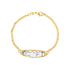 14k gold-filled lucky charm bracelet with a silver plate engraved with animals, this Cuban link bracelet is shown on a white background.