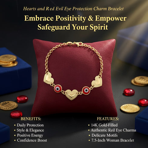 Gold heart rolo link and red evil eye charm bracelet on a red cushion, surrounded by gold coins and gemstones; a protective talisman with benefits.