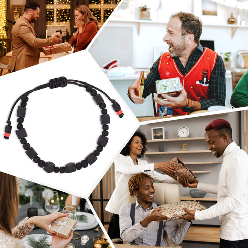 A festive collage showcasing people exchanging gifts, laughing, and enjoying holiday festivities. At the center, a Genuine Azabache Bracelet with red accents shines brightly, offering both unisex jewelry charm and spiritual protection.