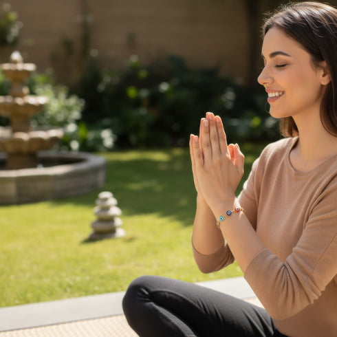 A woman sits cross-legged outdoors, eyes closed, smiling peacefully, wearing an Evil Eye Bracelet as a good luck charm in a serene garden.