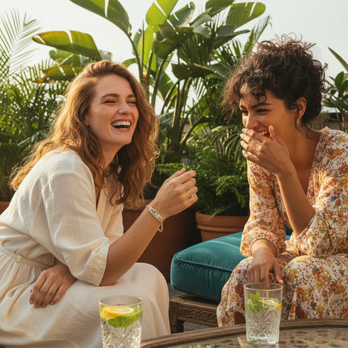 Two women laugh together outdoors, drinks in hand, one wearing a sparkling 14k gold-filled bracelet amid lush plants on the patio.