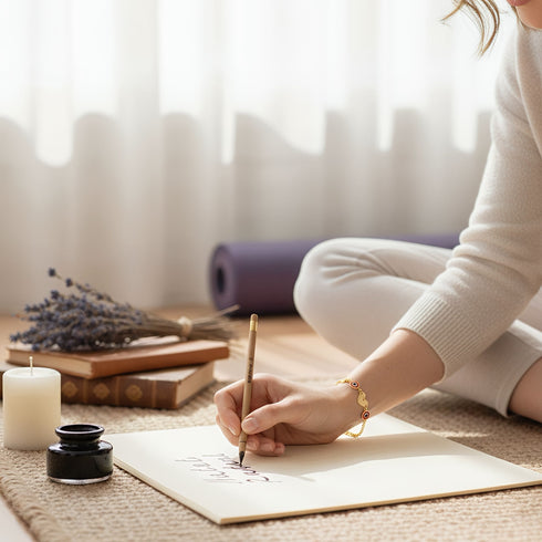 A person sits cross-legged, writing near a candle and dried lavender, wearing a Red Evil Eye Charm Bracelet as a protective talisman.