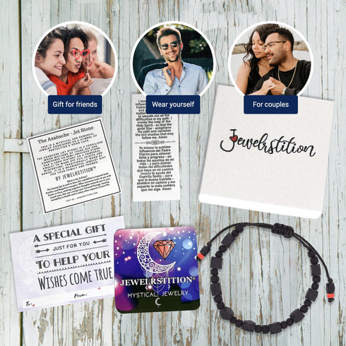 A beautiful assortment of jewelry features, including a Genuine Azabache Bracelet made with an adjustable black rope offering spiritual protection. The image showcases unisex jewelry gift options perfect for friends, self-wear, and couples. It also includes a card with heartfelt messages and displays a booklet along with packaging from the brand "Jewelstitution.