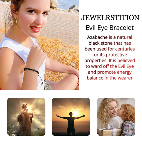A woman is seated outdoors, adorned with a Genuine Azabache Bracelet, renowned for its spiritual protection. The text details this unisex accessory, which features a natural black stone and an adjustable black rope bracelet. Accompanying images show a tranquil figure, an individual with arms outstretched at sunset, and a woman laughing with a child.