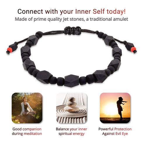 Introducing our Genuine Azabache Bracelet, a unisex piece of jewelry crafted from black jet stones and featuring an adjustable black rope. This stunning accessory not only enhances meditation and spiritual balance but also offers protection against the evil eye. Accompanied by serene images of meditation, balanced stones, and a sunset silhouette.