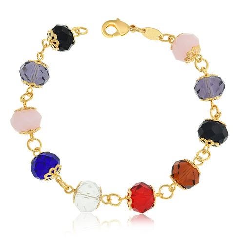 From our stunning jewelry collection, the 14k Gold Filled Women Bracelet Colorful Birthstone Crystals Fashion Jewelry Beads features a radiant gold chain embellished with faceted birthstone crystals in vivid colors such as black, red, blue, and more. These vibrant beads are gracefully linked by gold connections and finished with a secure clasp closure.