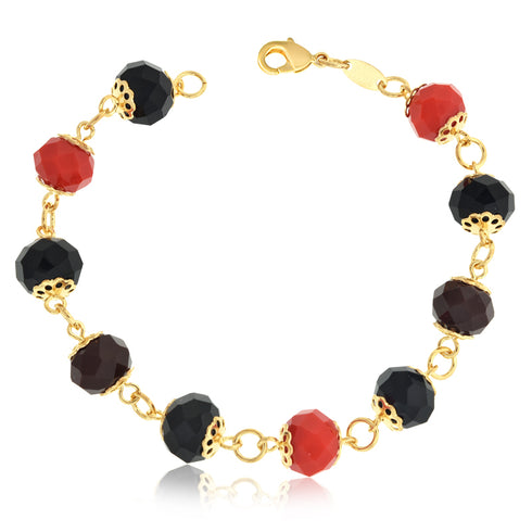 This bracelet, part of the 14k Gold Filled Women Bracelet collection, showcases solid crystal beads in a striking pattern of faceted black and red hues, each adorned with gold caps and connected by delicate gold loops. Ideal for modern women's fashion jewelry collections, it is gracefully secured with a gold lobster clasp.