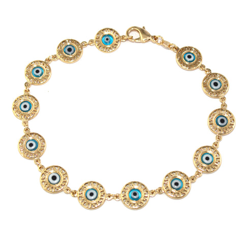 The Blue Turkish Evil Eye Bracelet for Women - Good Luck Charm showcases circular charms adorned with exquisite turquoise and black designs. Made from 14k gold-filled links, it radiates elegance while being lead and nickel-free.