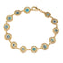 The Blue Turkish Evil Eye Bracelet for Women - Good Luck Charm showcases circular charms adorned with exquisite turquoise and black designs. Made from 14k gold-filled links, it radiates elegance while being lead and nickel-free.
