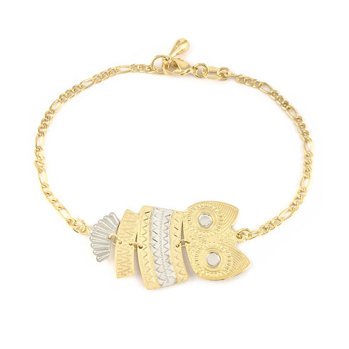 The WISE OWL 2-Tones Gold Filled Charm Bracelet for Women showcases an exquisite fish-shaped charm with textured details and a clasp closure. This nature-inspired jewelry piece captures the whimsy of the sea, adding elegance to any ensemble.