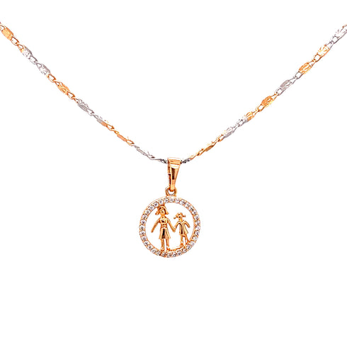 The Little Girl Pendant Necklace for Mother Grandmother Rose Gold exudes charm with its circular pendant depicting two stick figures, capturing a sense of innocence. The border is adorned with small gems, and the mariner link chain elegantly alternates between 14k rose gold-filled and silver links.