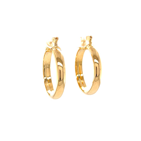 A pair of 1 Inch Round Hoop Earrings in 14k gold-filled with butterfly clasps, elegantly displayed against a white background. These stunning beauties, featuring a 4mm wide flat inner side, are lead and nickel free for comfortable and stylish wearability.