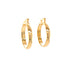 A pair of 1-inch round hoop earrings, designed with a flat inner side and made from 14k gold-filled material that is lead and nickel-free, featuring post and latch back closures, is shown upright against a plain white background.