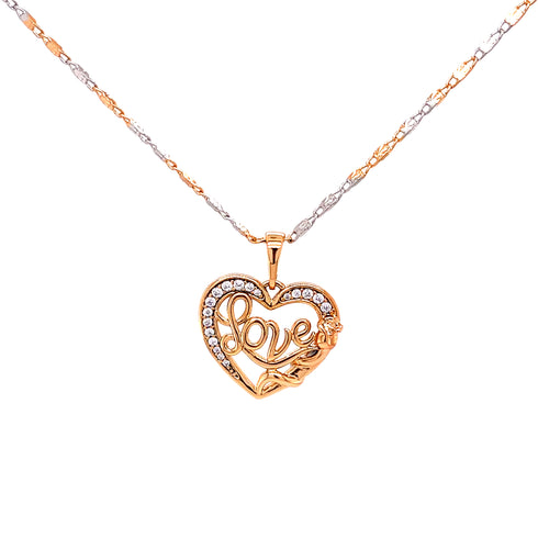 A beautifully heart-shaped pendant featuring a border of zirconia CZ hangs from a two-tone rose gold-filled mariner link chain. Elegantly designed within the heart, the word "love" enhances this stunning Love and Rose Necklace.
