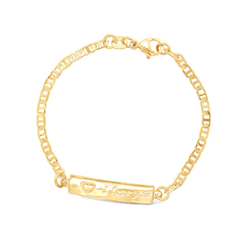 The "I LOVE YOU" plate Baby Bracelet, crafted with a mariner link design in 14K gold filled material, features a rectangular plate engraved with a heart. This elegant baby bracelet is secured by a lobster clasp, offering a blend of sophistication and heartfelt charm.