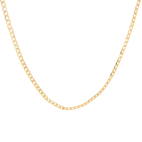 A close-up image of an 18-inch Cuban curb link chain necklace with texture, crafted in 14k gold-filled material, set against a white background. The design adds a touch of elegance and simplicity to the piece.