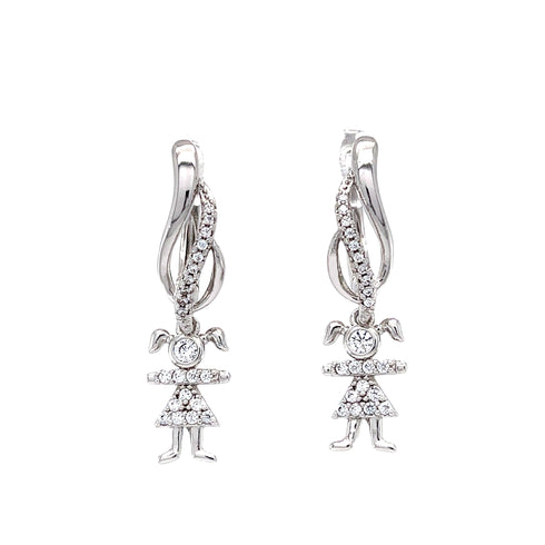 Crafted in 14k white gold-filled material, the Cute Little Girl Drop Earrings are designed with playful figures with pigtails and adorned with small, sparkling zirconia stones for a whimsical and elegant look.