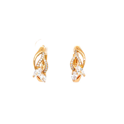 These Zirconia Stones Huggies Earrings, rose gold filled with an English lock, boast an intricate design featuring small round white stones alongside larger marquise-cut stones. They are perfectly hypoallergenic and shine beautifully against a plain white background.