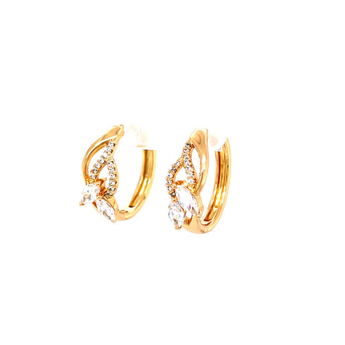 The Zirconia Stones Huggies Earrings in rose gold offer an exquisite design with hoop detailing and intricate leaf patterns, embellished with hypoallergenic zirconia stones. Each earring showcases marquise-cut elements for added elegance, all set elegantly against a white background.