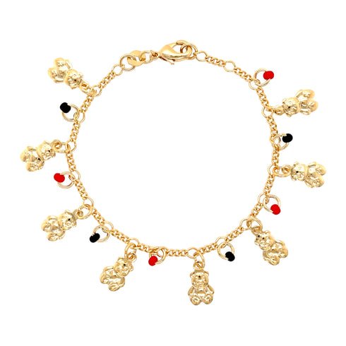 The Teddy Bears Red and Black Lucky Charms Baby Bracelet is a 14k gold-filled accessory featuring small bear charms, each holding a red or black heart, and is secured with a lobster clasp.
