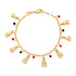 The Teddy Bears Red and Black Lucky Charms Baby Bracelet is a 14k gold-filled accessory featuring small bear charms, each holding a red or black heart, and is secured with a lobster clasp.