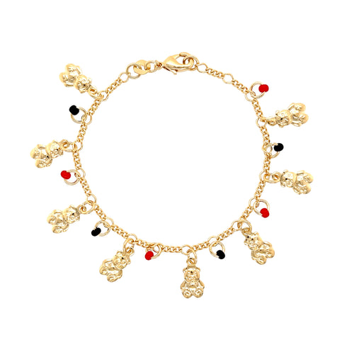 The Teddy Bears Red and Black Lucky Charms Baby Bracelet is a 14k gold-filled charm bracelet featuring delicate teddy bear charms, each embellished with tiny red and black accents. With its lobster clasp closure, the lucky charm bears are evenly distributed along the chain, making it an ideal accessory for babies.