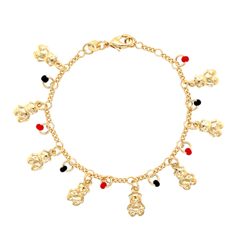 The Teddy Bears Red and Black Lucky Charms Baby Bracelet is a 14k Gold-filled accessory featuring small teddy bear charms alongside black and red heart charms, all linked by a chain with a secure lobster clasp, offering the perfect blend of whimsy and elegance.