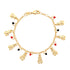 The Teddy Bears Red and Black Lucky Charms Baby Bracelet is a 14k Gold-filled accessory featuring small teddy bear charms alongside black and red heart charms, all linked by a chain with a secure lobster clasp, offering the perfect blend of whimsy and elegance.