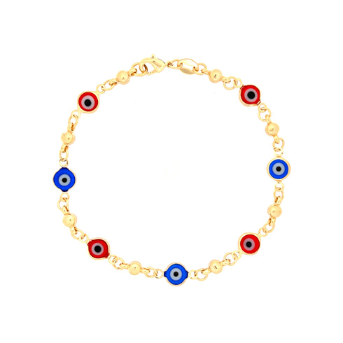 The Red and Blue Evil Eye Crystal Charm Bracelet, crafted with 14k gold fill, showcases alternating blue and red evil eye charms in circular shapes, connected by small gold beads. This simple yet elegant design is completed with a secure clasp closure.