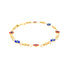 Introducing the Red and Blue Evil Eye Crystal Charm Bracelet, crafted in 14k gold-filled material. This bracelet showcases an elegant and simple design, featuring a series of colorful, eye-shaped charms alternating in vibrant blue and red shades, each linked by small gold beads that enhance its metallic sheen.