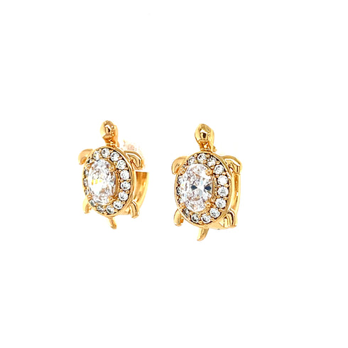 Rose gold filled huggie earrings featuring delightful turtle charms adorned with zirconia stones at the center and along the shells, displayed against a white background.