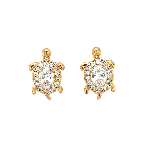 Rose gold-filled huggie earrings featuring charming turtle shapes adorned with clear oval gemstones in the center, surrounded by sparkling zirconia stones. These earrings boast a shiny finish and are displayed against a plain white background, enhanced by their cute turtle charms.