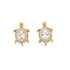 Rose gold-filled huggie earrings featuring charming turtle shapes adorned with clear oval gemstones in the center, surrounded by sparkling zirconia stones. These earrings boast a shiny finish and are displayed against a plain white background, enhanced by their cute turtle charms.