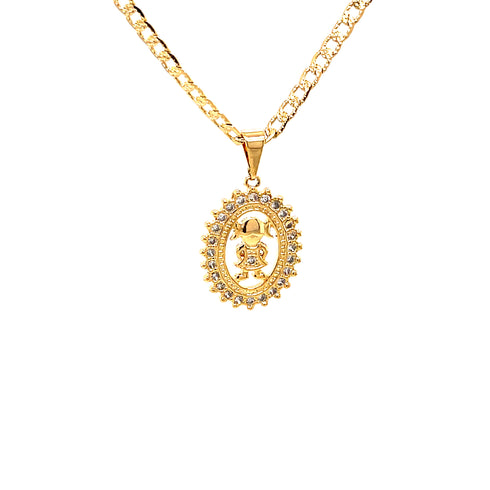 The Daughter girl Pendant Necklace features an intricate 14k gold-filled pendant of a religious figure. The oval-shaped pendant is bordered with sparkling stones, and the medium-length, textured Cuban link chain complements the design effortlessly. Perfect for Mother's Day, this necklace comes with an 18-inch chain.