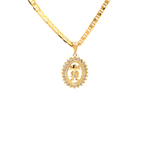 A close-up of the Daughter child girl necklace, featuring a 14k gold-filled mariner link chain and an ornate pendant adorned with sparkling zirconia stones. The oval-shaped pendant showcases intricate details surrounding a central figure, making it an ideal gift for daughters on Mother's Day. The chain presents a sleek and polished design.