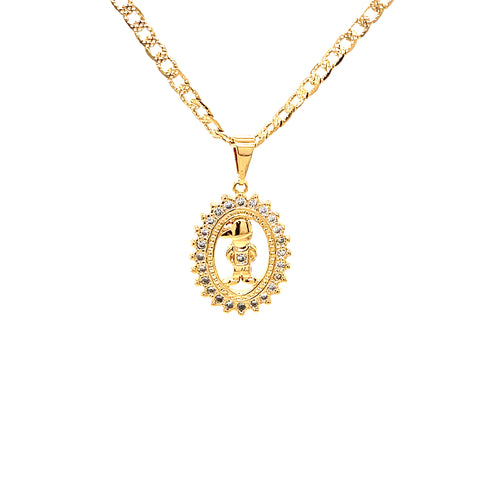 Introducing the Little Son Pendant Necklace, beautifully crafted for Mother's Day. It features a 14k gold filled oval pendant with the edges elegantly adorned with small crystals and an inner design showcasing an abstract pattern, centered around a stunning stone. Its sophisticated Cuban link chain completes this exquisite piece.