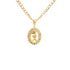 Introducing the Little Son Pendant Necklace, beautifully crafted for Mother's Day. It features a 14k gold filled oval pendant with the edges elegantly adorned with small crystals and an inner design showcasing an abstract pattern, centered around a stunning stone. Its sophisticated Cuban link chain completes this exquisite piece.