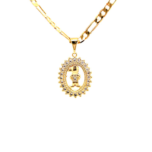 The "Little Boy Necklace for Mother's Day" is crafted from 14k gold-filled Figaro link chain and showcases an oval pendant adorned with a detailed figure in the center, encircled by a border of small gemstones. Its unique charm makes it an ideal gift for Mother's Day, especially when displayed against a plain white background.