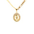 The "Little Boy Necklace for Mother's Day" is crafted from 14k gold-filled Figaro link chain and showcases an oval pendant adorned with a detailed figure in the center, encircled by a border of small gemstones. Its unique charm makes it an ideal gift for Mother's Day, especially when displayed against a plain white background.